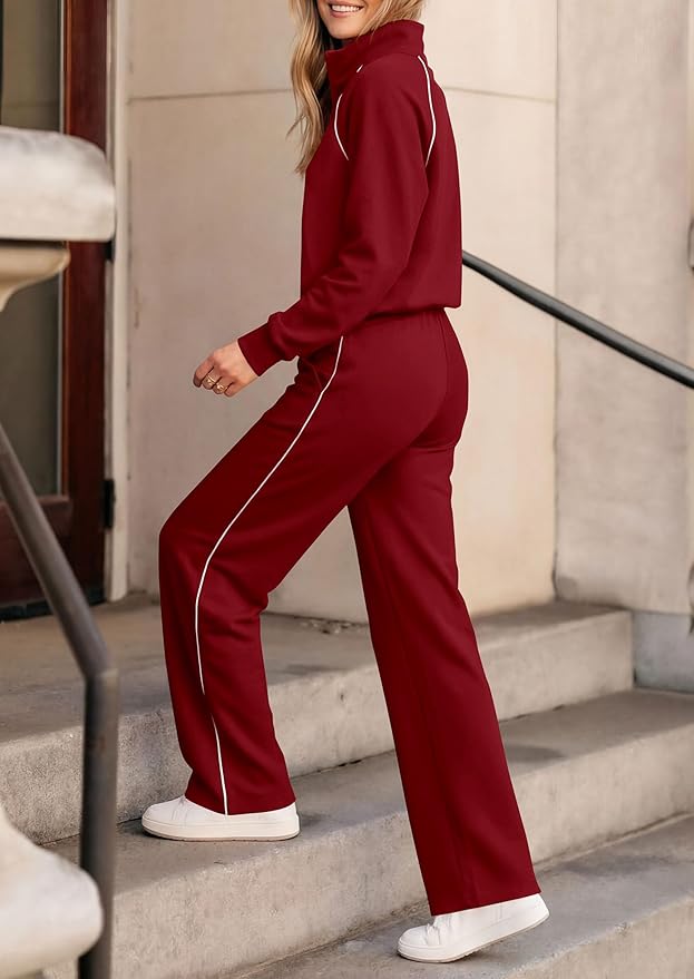 PRETTYGARDEN Women's 2 Piece Outfits Casual Lapel Half Zip Sweatshirts and Wide Leg Pants Tracksuit Sets