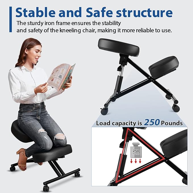 Ergonomic Office Kneeling Chair, Height Adjustable Stool with Thick Foam Cushions and Smooth Gliding Casters to Improve Posture and Relieve Pain, Multifunctional Design for Home and Office