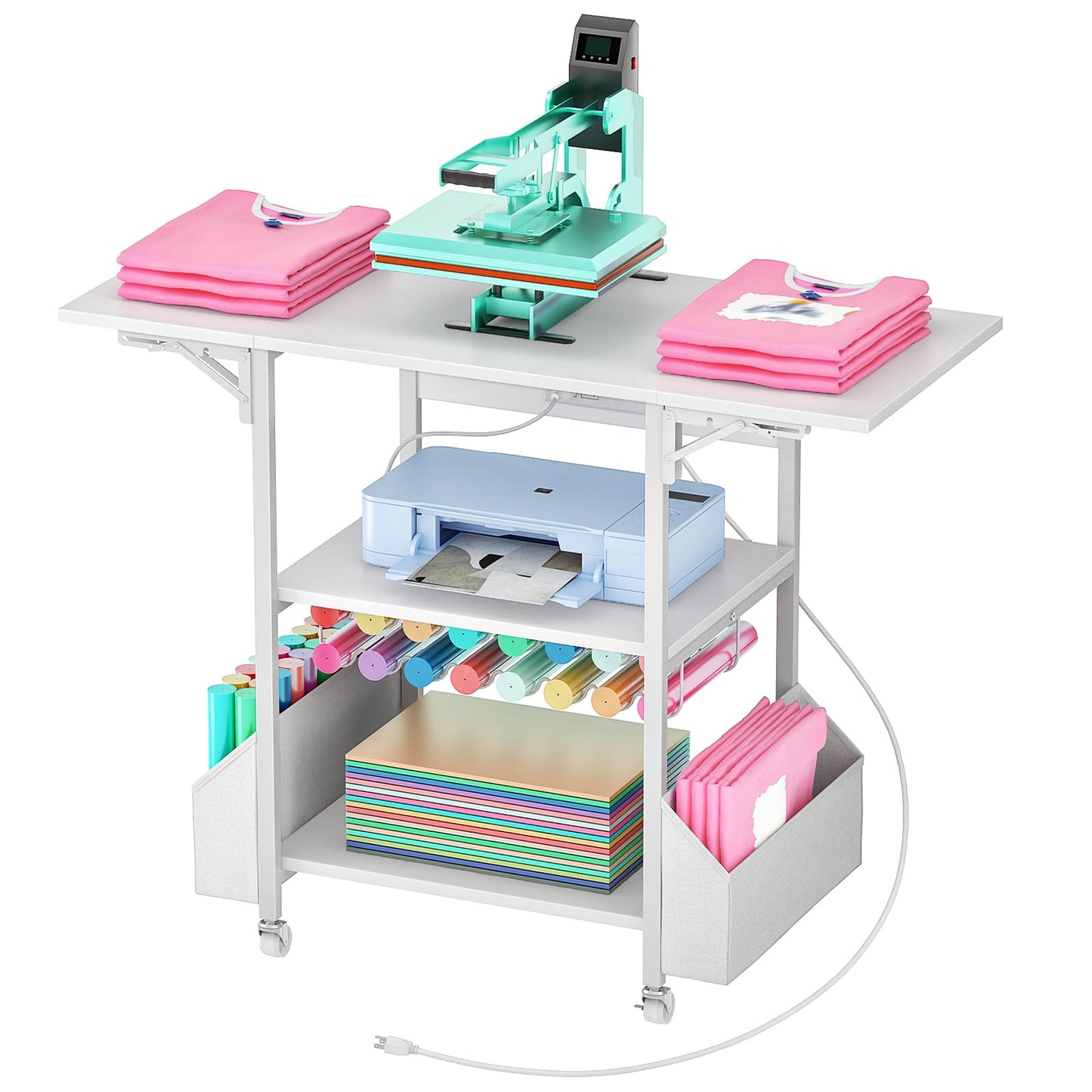 CHOEZON Foldable Heat Press Table with Charging Station, Movable Heat Transfer Stand with Vinyl Roll Holder and Storage Pockets, Mobile Workbench for DIY Sublimation Transfer, White TPS03UWB