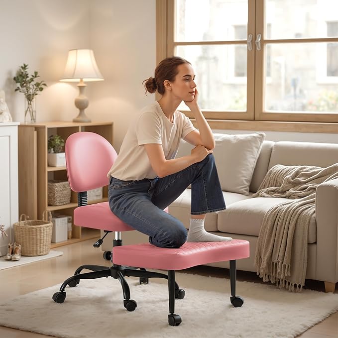Homall Ergonomic Cross Legged Office Desk Chair with Wheels, 360° Swivel and Adjustable Height for Meditation and ADHD,Criss Cross Kneeling Chair with Lumbar Support (Leather, Pink)