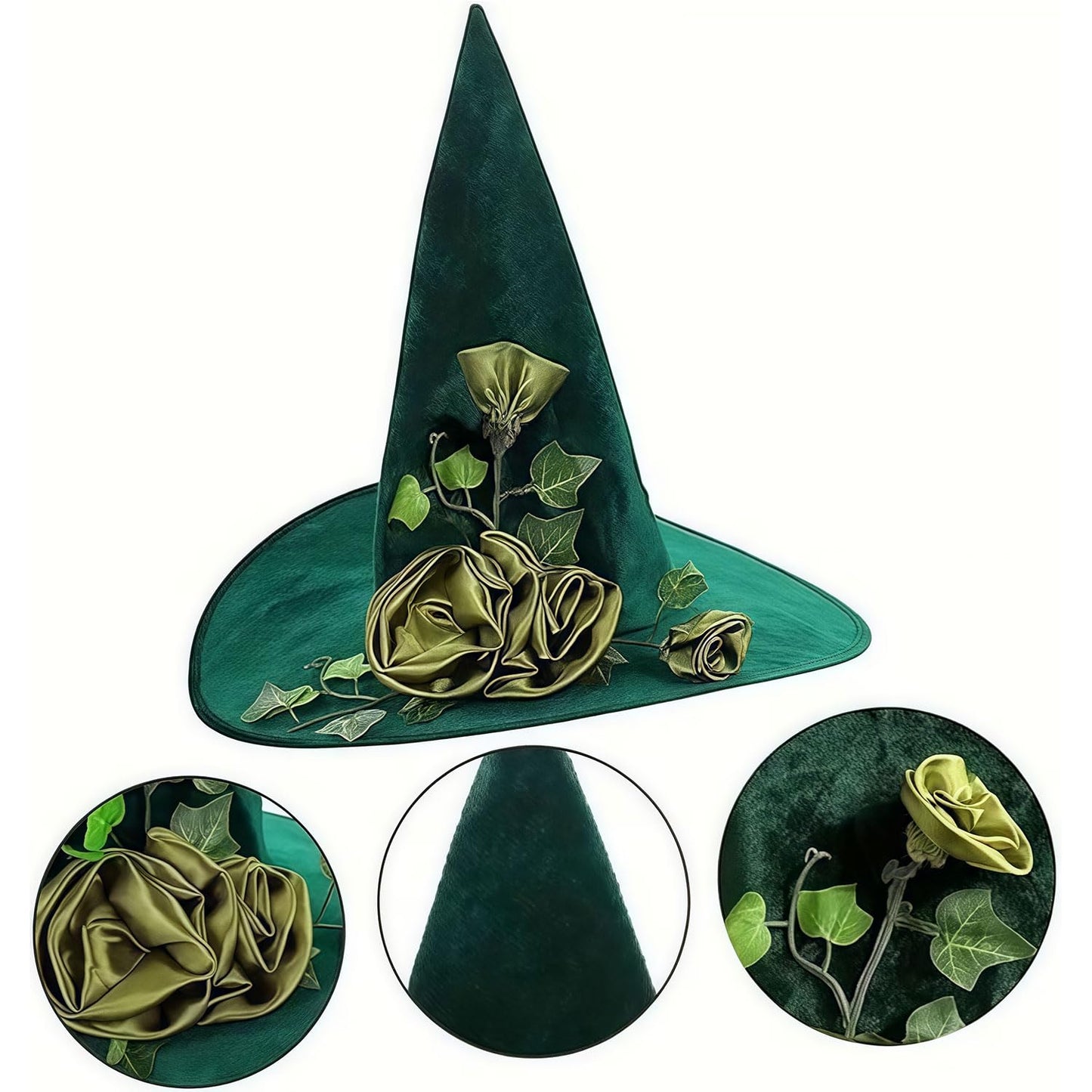 Pvoiue Witch Hat Green Detachable Witch Headband Hat Costume Accessories for Women Halloween Party Elvet Elegant Hats with Vine And Flowe Designs 16.9''x14.9'', 1Pcs