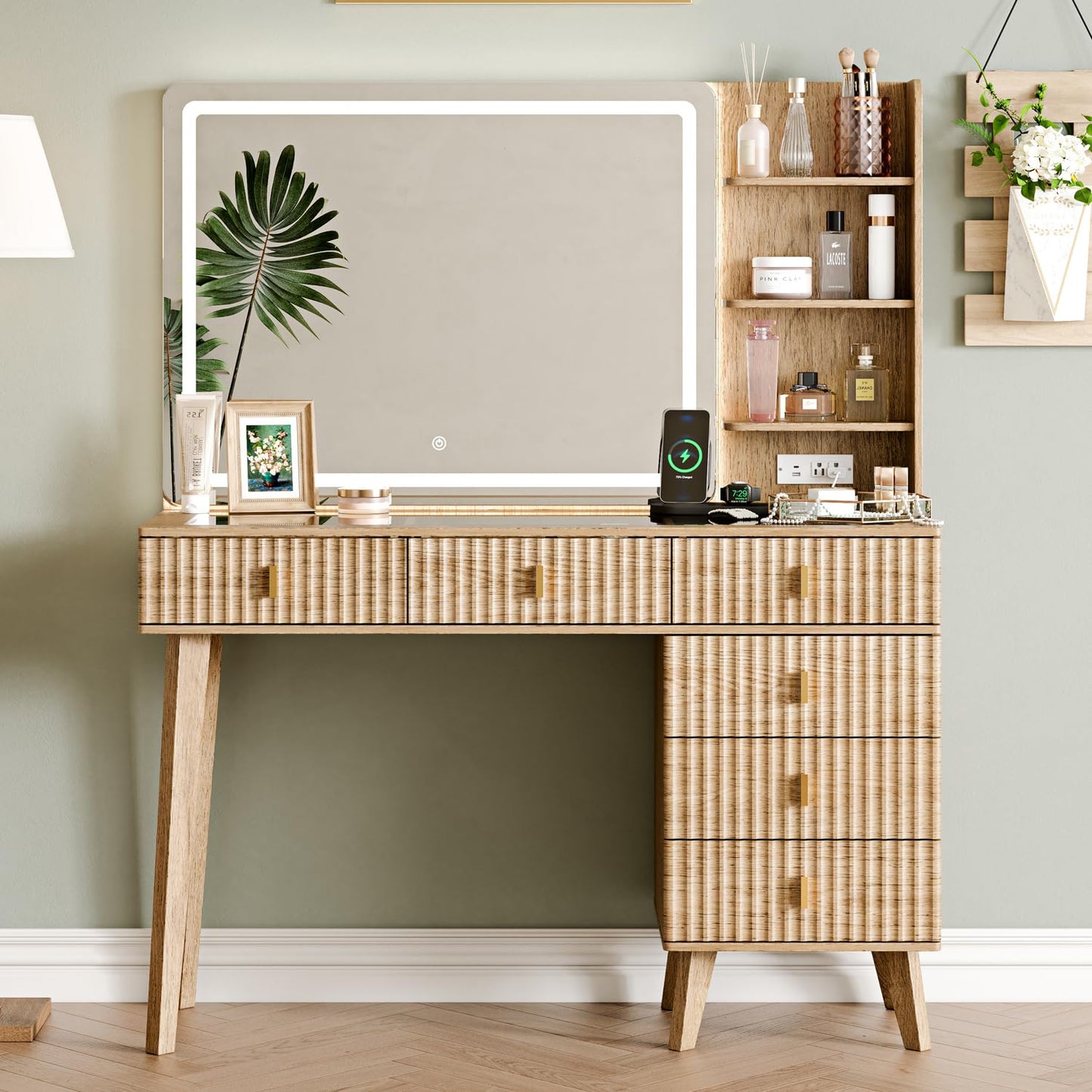Ieejdn Large Makeup Vanity Desk with Mirror and Lights, Vanity Desk with 6 Drawers & Storage Shelves, Vanity Table with Power Outlet, 3 Color Modes & Adjustable Brightness Dressing Table, Bedroom,Oak
