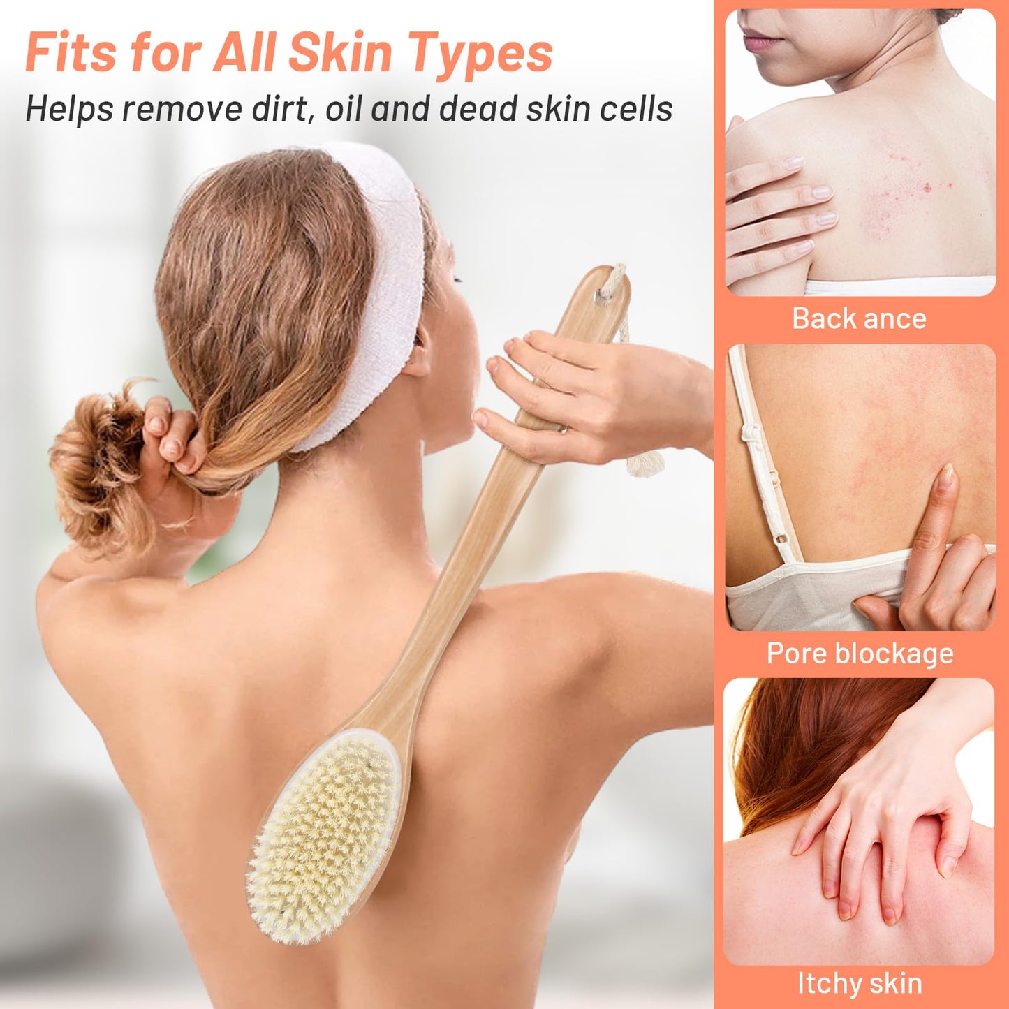 Alyvisun Wooden Back Scrubber for Shower with Long Handle, Dual-Sided Bath Brush Body Scrubber with Stiff and Soft Bristles, Exf