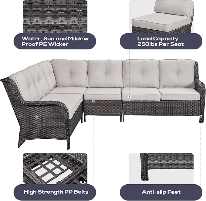 Belord Outdoor Sectional Sofa Furniture Set with Propane Fire Pit Table, Wicker Patio Conversation Set with 2 Swivel Glider Rocker Chairs Beige Cushion Perfect for Backyard Casual Gathering