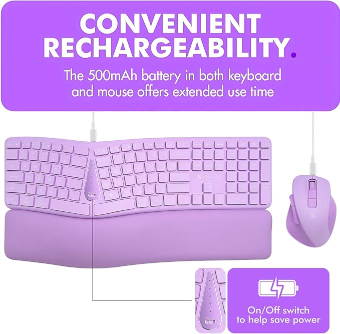 X9 Purple Ergonomic Keyboard Mouse Wireless Combo - Type Comfortably Longer - 2.4G/Bluetooth Split Keyboard, Multi-Device, Soft Wrist Rest, Rechargeable, Silent Ergo Keys - Laptop, PC, Mac,iOS,Android