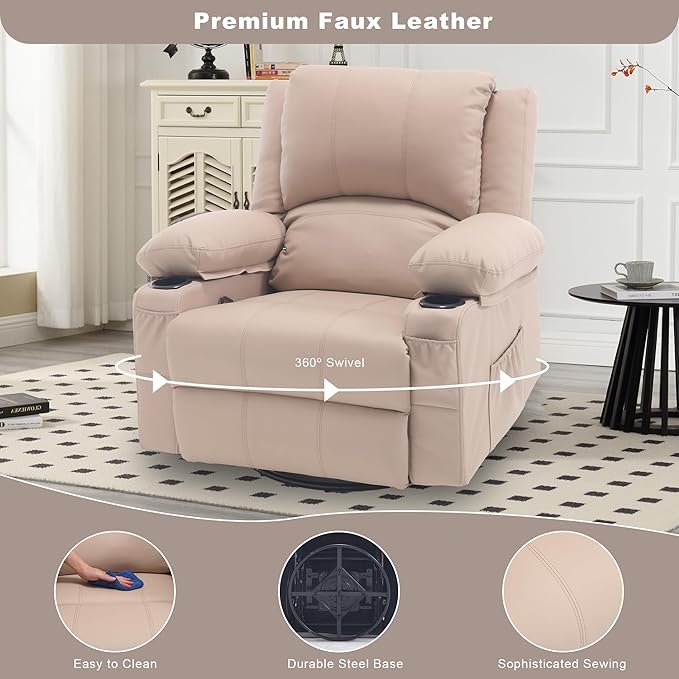 Massage Swivel Rocker Recliner with Lumbar Heat, Oversized Comfy Recliners for Living Room, Modern Single Sofa Rocking Chairs for Adults, Manual Rocker Recliner with Two Cup Holders, Beige
