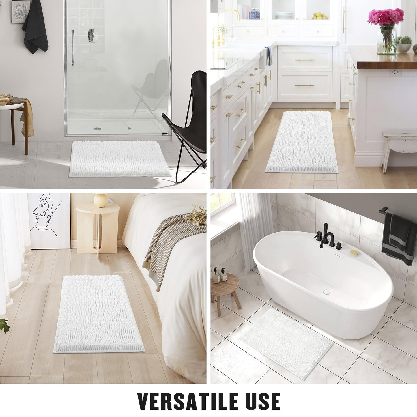MitoVilla White Bathroom Rugs - Soft Chenille Small Bath Mats for Shower, Tub, Non Slip Thick Washable Plush Bath Rugs, Modern Absorbent Shower Bathroom Floor Mat, 17" x 24"