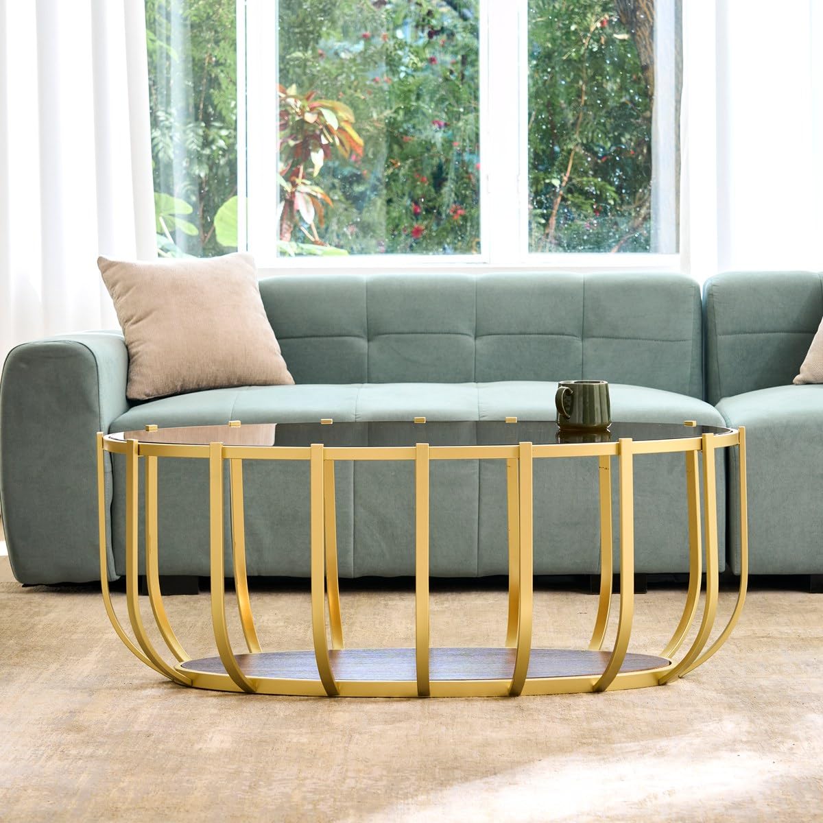 AGV LIGHTING Oval Glass Coffee Table with Gold Metal Frame, Modern Glam Glass Coffee Table, Amber Tempered Glass Top with Lower Walnut Shelf, Modern Gold Coffee Table for Living Room