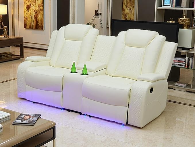 Dekmxas Power Reclining Sofa Set, Recliner Sofa Set, Creamy White Power Leather Reclining Loveseat Recliner for Living Room Furniture Set with Storage Console & Cup Holder for RV/Living Room