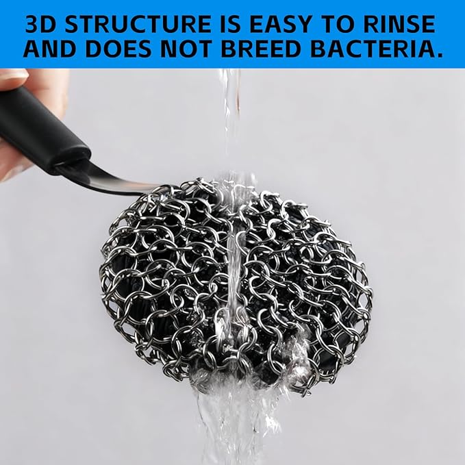 Cast Iron Scrubber with Silicone Handle, Chainmail Scrubber 316 Stainless Steel Brush Non-Scratch Pot for Cast Iron Pan Skillet Cleaner, Dishwasher Safe