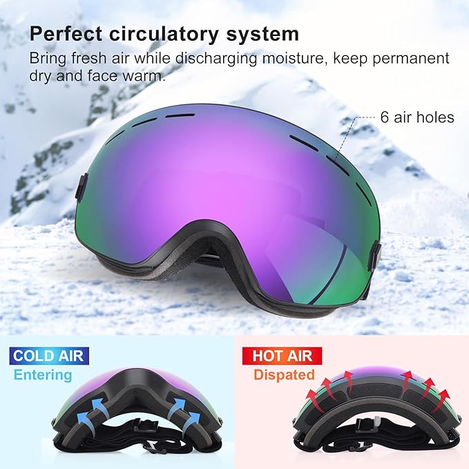 EXP VISION Snowboard Ski Goggles Men Women Youth, Anti Fog OTG Winter Snow Goggles Spherical Detachable Lens
