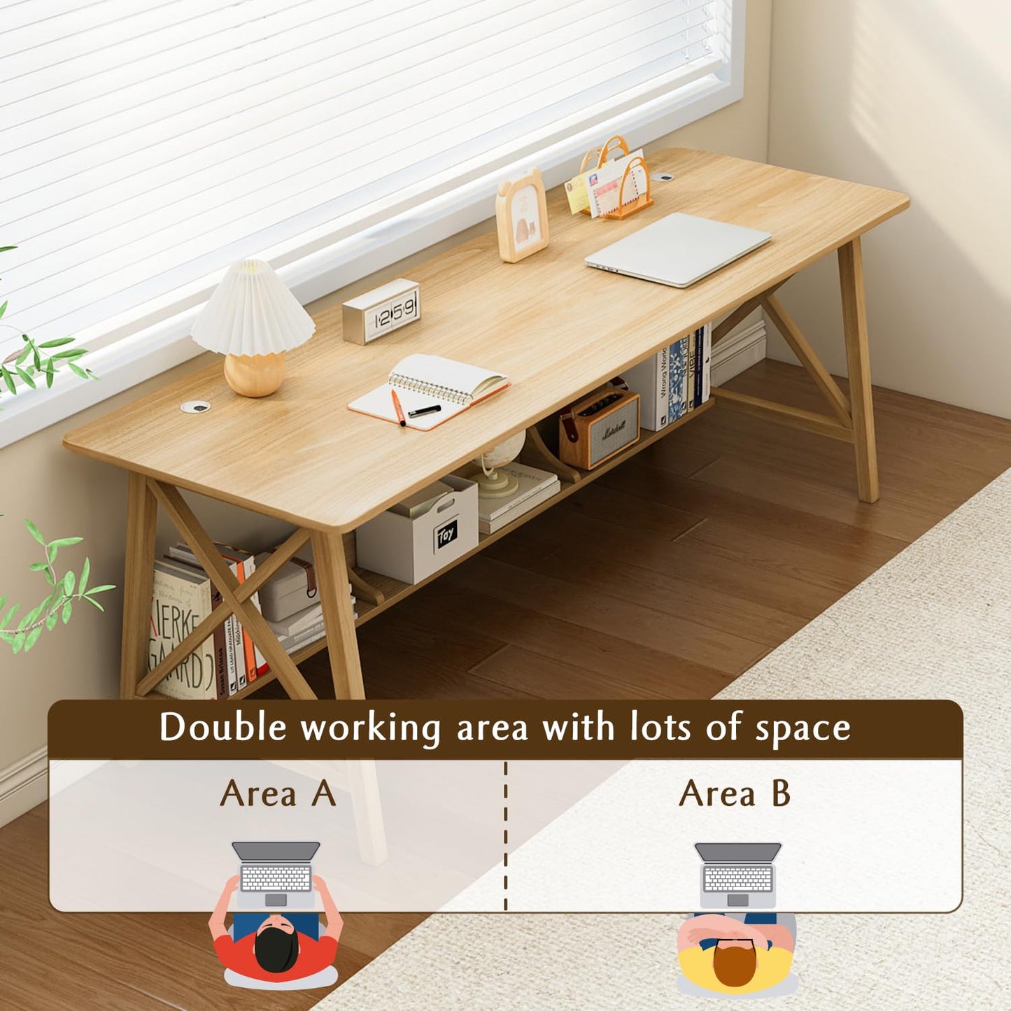 NELYE Extra Long Desk with Bookshelf - Solid Wood Home Office Work Study Table, 2-Person Writing Computer Workstation with Storage Shelf in Oak, 71" Wx24 Dx30 H