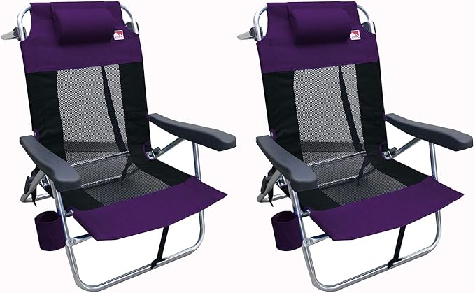 Outdoor Spectator Multi-Position Flat Folding Mesh Ultralight Beach Chair (2-Pack) - Purple