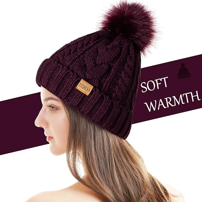 REDESS Women Winter Pompom Beanie Hat with Warm Fleece Lined, Thick Slouchy Snow Knit Skull Ski Cap