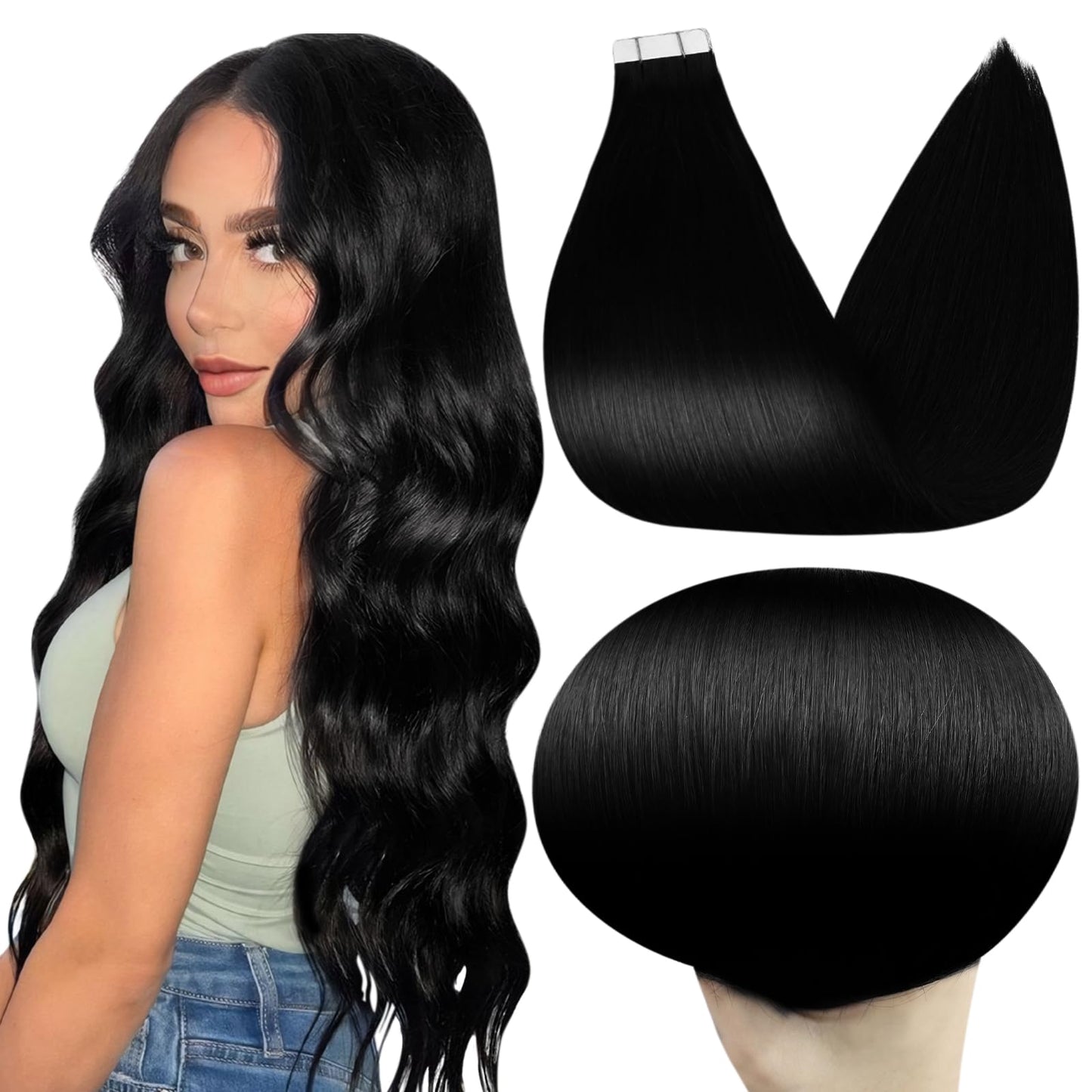 Full Shine Tape in Hair Extensions Human Hair Color 1 Jet Black Tape in Extensions Real Human Hair Skin Weft Tape in Extensions