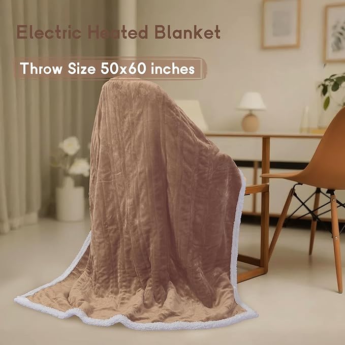 Heated Blanket Electric Throw Size 50''x60'' with 9 Heating Levels, 3 Hour Auto Shut Off, Machine Washable, Flannel & Sherpa Double-Sided Soft Warming Blanket for Couch, Bed, Office - Brown