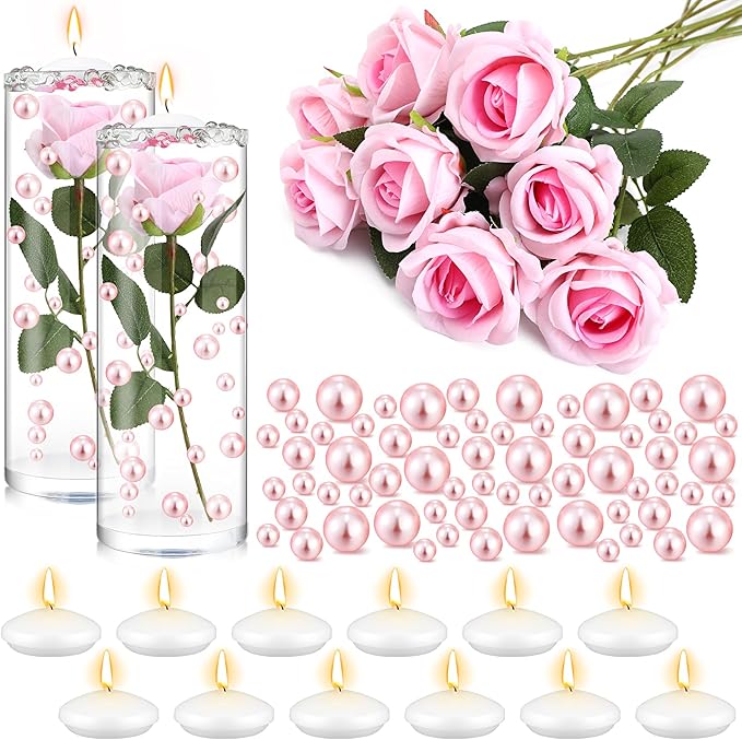 Riceshoot 326 Pcs Floating Flowers Vase Fillers Kit 12 Artificial Rose 12 Floating Candle Centerpieces 300 Pearl 2 Bags Wa...