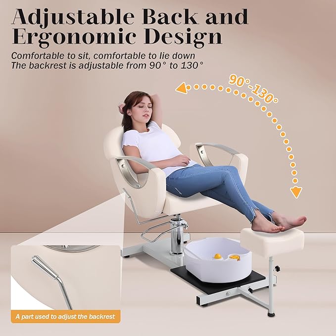 Pedicure Station No Plumbing, Hydraulic Pedicure Chair for Nail Tech, Height Adjustable Reclining Pedicure Station Unit, 360 Degree Swivel Foot Spa Chair with Massage Foot Bath (White)