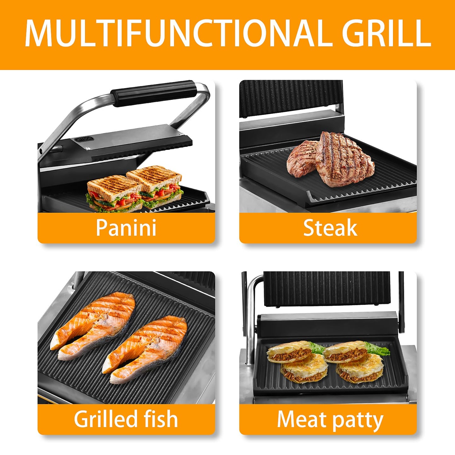 HTTSICHI Commercial Panini Press - 1800W Commercial Electric Panini Sandwich Grill w/Nonstick Coating & Adjustable Temp, Panini Grill Press w/ 9" x 9" Cooking Pan, Double-sided Heating