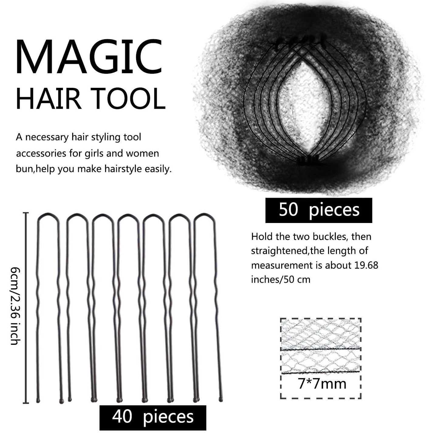 Zonon Hair Nets 50Pcs Invisible Elastic Edge Mesh, 50cm Individual Package, for Women Bun Suitable Occasions, with 40Pcs U Shape