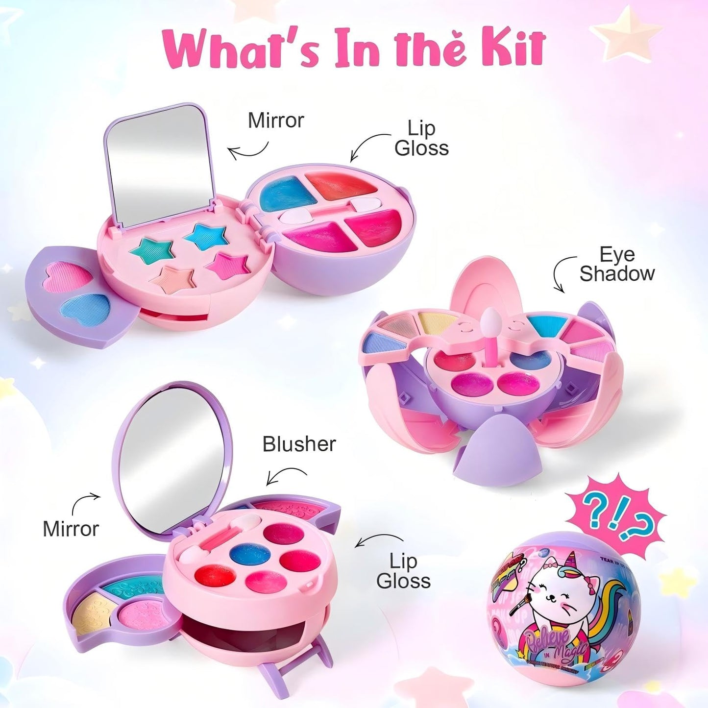 Cleboen 12 Pack Kids Makeup Blind Ball Party Favors - Surprise Cosmetic Blind Balls with Lip Gloss, Eyeshadow & Sponge Blusher (3 Styles, 2 with Mirrors), Party Favors Supplies Gifts for Girls