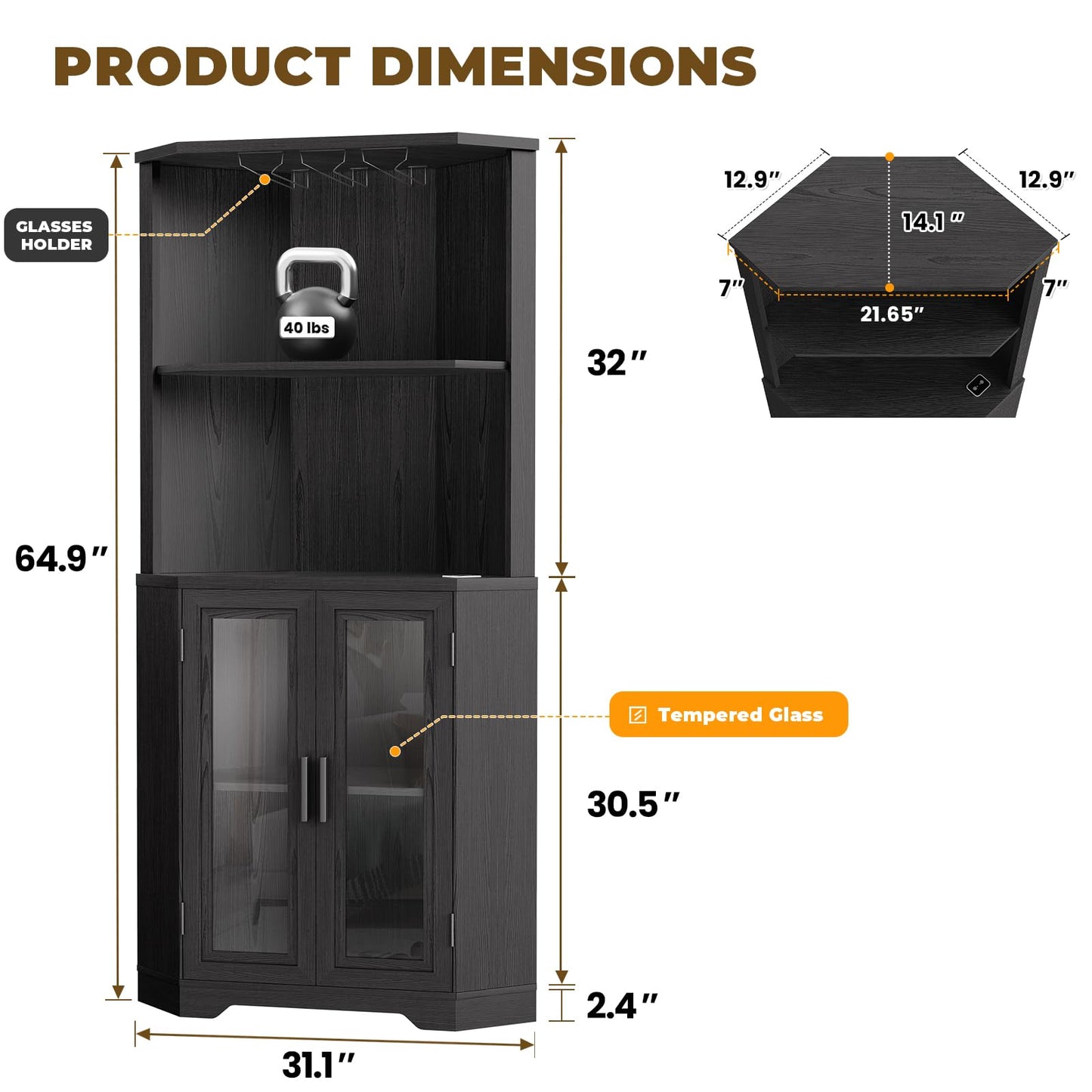 BROTTAR Corner Wine Bar Cabinet with LED Lights, 65" Tall Liquor Coffee Bar Cabinet with Glasses Holder & Tempered Glass Door, Alcohol Storage Hutch with Human Body Sensor for Dining Room, Black