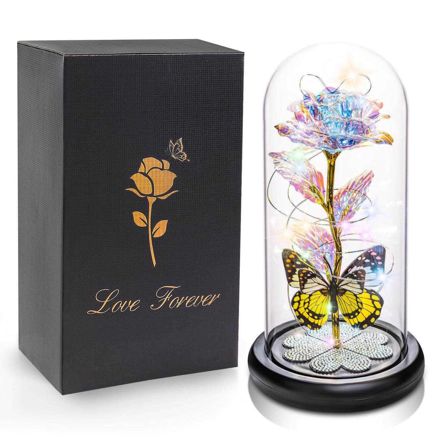 Birthday Gifts for Women Mom, Galaxy Glass Rose Forever Eternal Crystal Flower Light Up Rose in Glass Dome with Butterfly Mothers Day Christmas Rose Gifts for Her Wife Daughter Friends Colorful