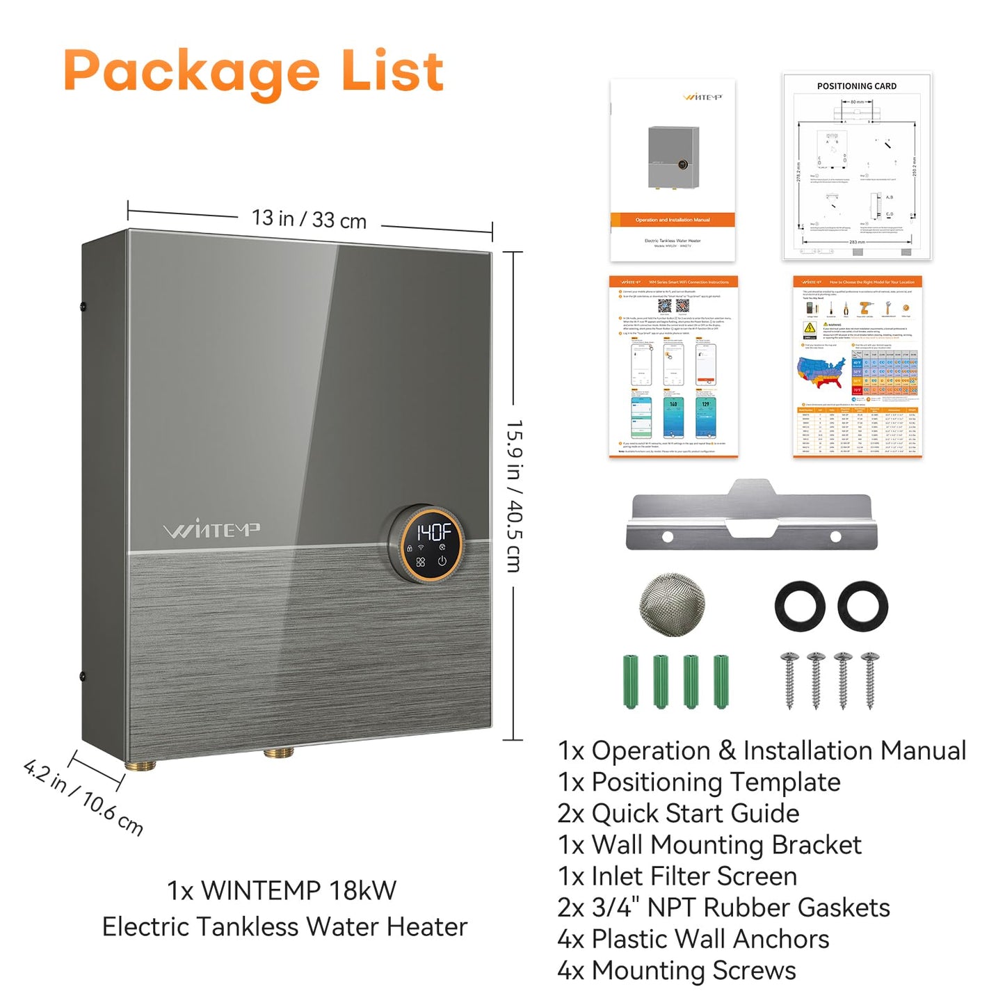 Wintemp 18kW Tankless Water Heater Electric 240V, On Demand Hot Water, Automatically Maintains Water Temperature, Up to 4.3 GPM, WiFi Control, ETL Eertified, Eco, WM18V Plus