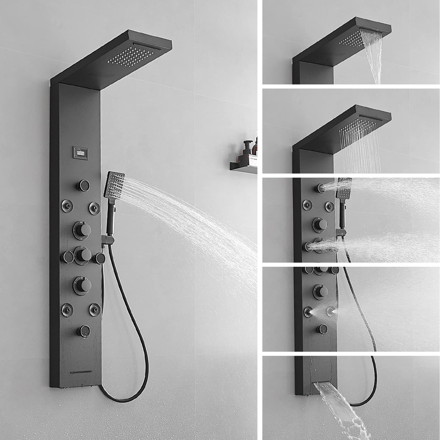 BWE Shower Panel Rainfall Waterfall with Handheld Shower Matte Black 6 IN 1 Stainless Steel Shower Tower Panel System Massage Body Jets with Tub Spout Water Temperature Display Wall Mount