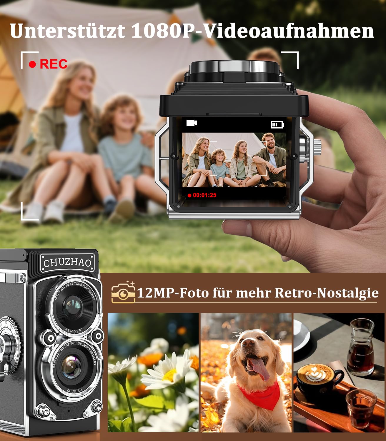 Chuzhao Digital Camera Retro, Portable Tlr Style Twin-Lens Vintage Camera, 12Mp Autofocus 1080P Fhd Point And Shoot Pocket Vlogg