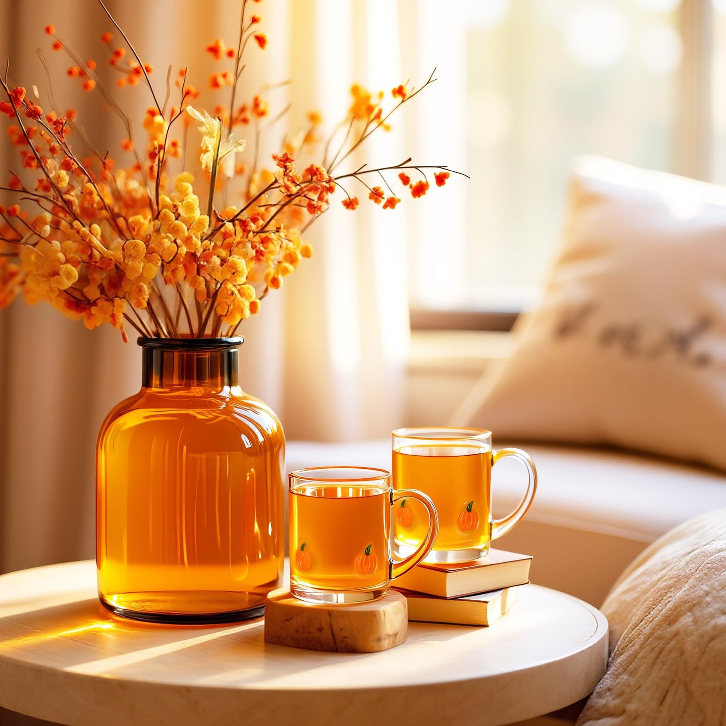 SiliFine 4 Pack Fall Glass Cups 14oz Pumpkin Mug with Handle Clear Drinking Glasses Double Old Fashioned Handblown Cocktail Glassware for Halloween Thanksgiving Autumn Gift(Pumpkin)