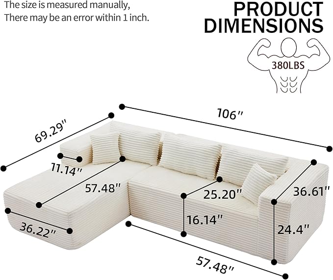 107" Modular Sectional Sofa, L-Shaped Cloud Couch with Deep Seat, Boneless Fluffy Corduroy Sofa for Living Room, No Assembly Required, (Left Facing Chaise,Beige)