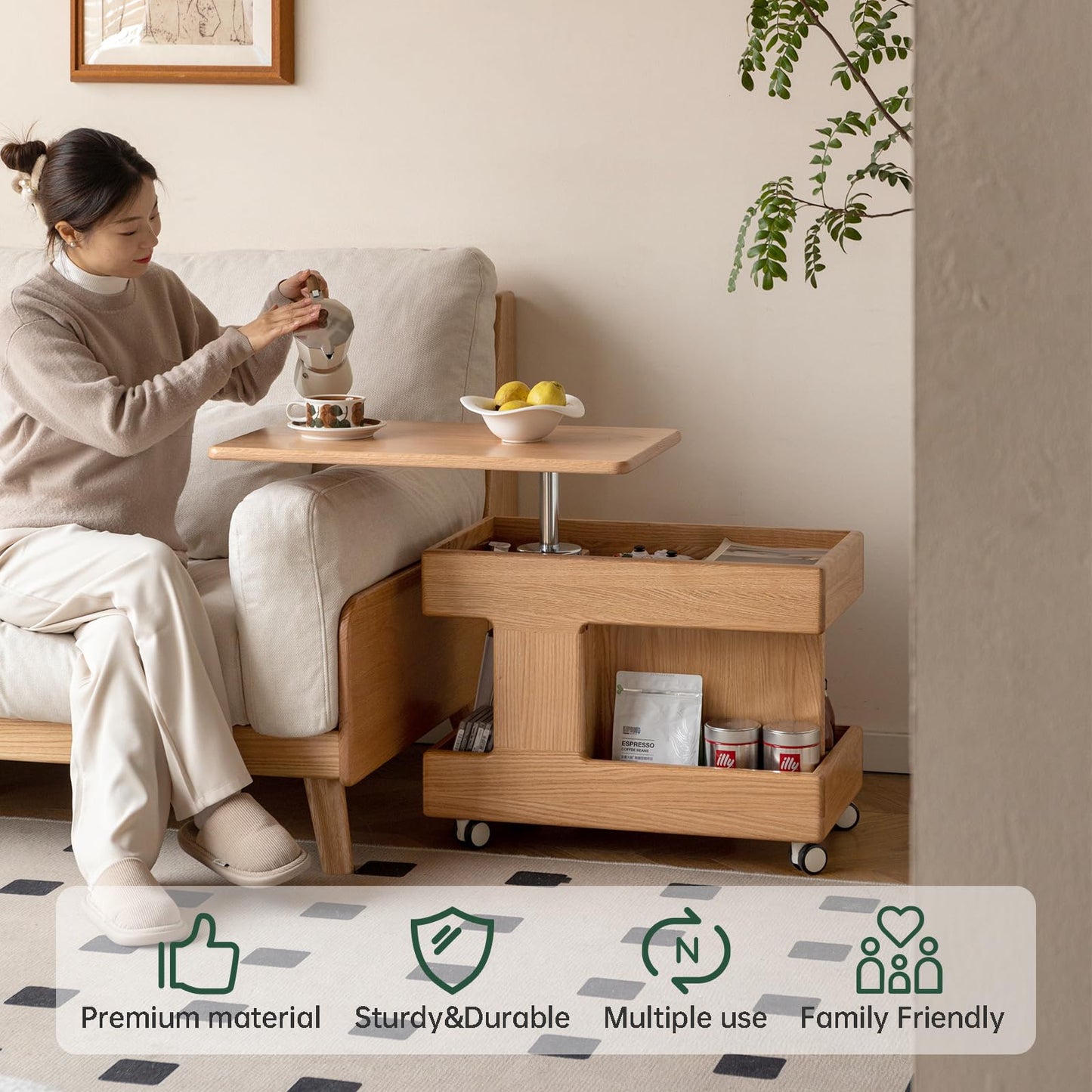 Vadisun 100% Solid Wood Lift Top Coffee Table, Small Bedside Table with Rolling Wheels, Adjustable Side Table for Dining Room, Recliner and Small Places(Natural, Fully Assembled Furniture)
