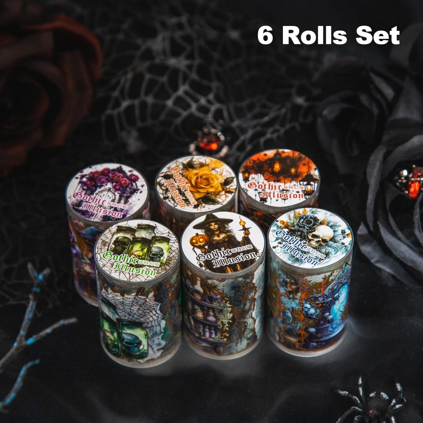 Gothic Holographic PET Tape Set, 6 Rolls of Dark Fantasy Pre-Cut Stickers for Scrapbooking, Junk Journaling, DIY Crafts, and Art Supplies