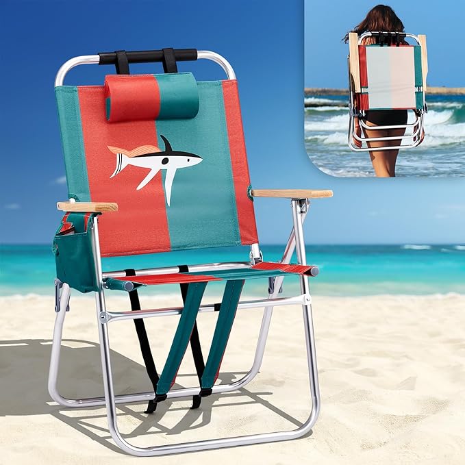 VINGLI Aluminum 17" Backpack Beach Chair – Tall Beach Chairs for Adults, Portable with Adjustable Straps, 3-Position Reclining, Cup Holder, High Lightweight Beach Chairs for Beach