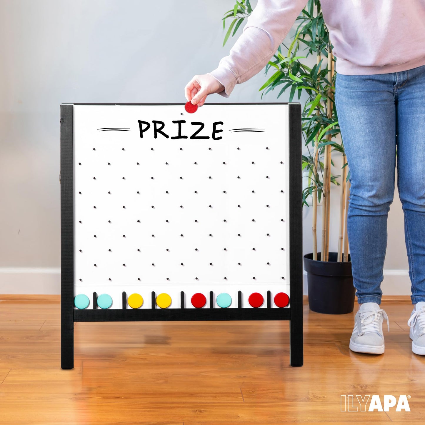 lyapa Large Portable Prize Drop Game - 41x27.5 Inch Double Sided Penny Drop Game, Wooden A-Frame Whiteboard Sign, Eraser & Token Storage Tote
