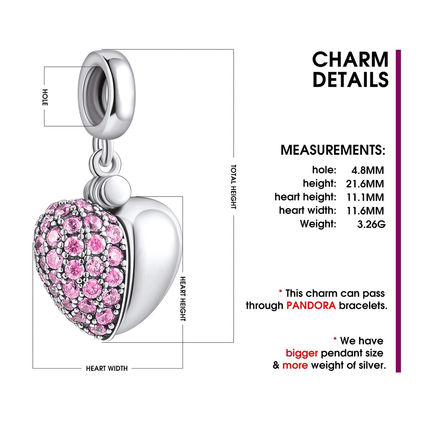 NINGAN You & Me    Pink Heart Pendant Love Charm 925 Sterling Silver Dangle Charms Compatible with Major European Bracelets & Ne