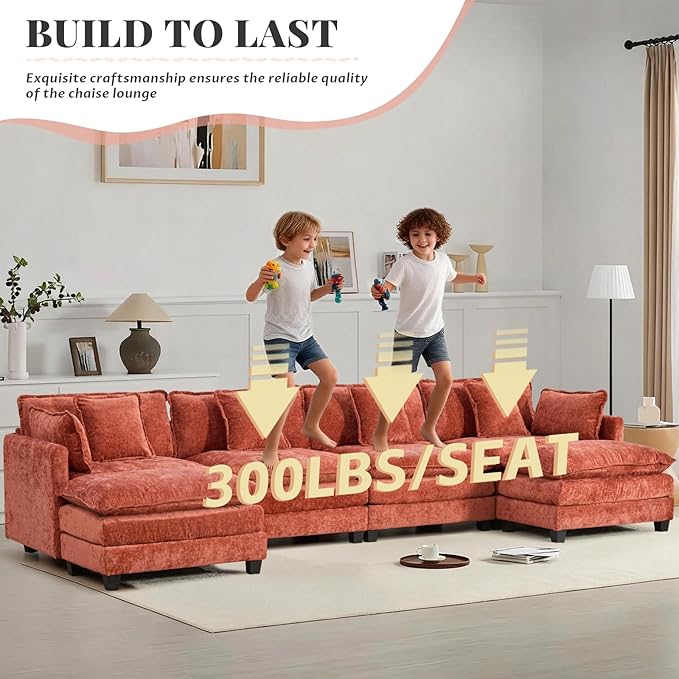 SoarFlash 149.61" Chenille Sectional Sofa, Comfy U Shaped Modular Coush Sofa with Ottoman, Modern 4 Seat Couch Deep Seat Sofa Set for Living Room,Orange