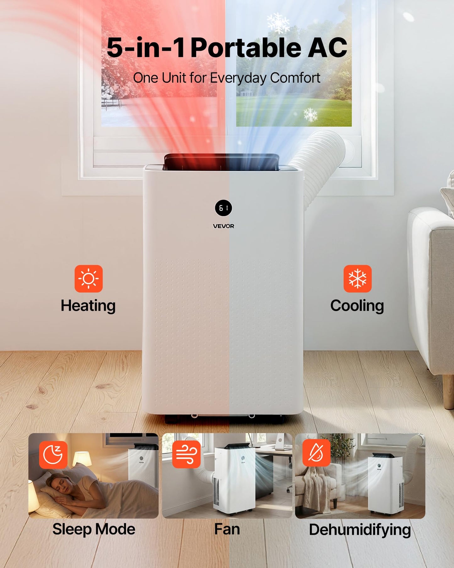 VEVOR Portable Air Conditioner and Heater Combo, 14000 BTU (9800 BTU SACC) 5-in-1 Standing Cooling Ac Unit, LED Touch Panel & Remote Control, 24h Timer, Dehumidifier/Fan/Sleep Mode for Room Indoor