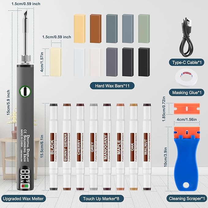 Laminate Vinyl Wood Floor Scratch Repair Kit with Heat Pen - 11 Colors Grey Hardwood Wax Sticks & 8 Colors Dual Tip Furniture Markers Touch up, Linoleum Restoration Wax Melting Tool Set