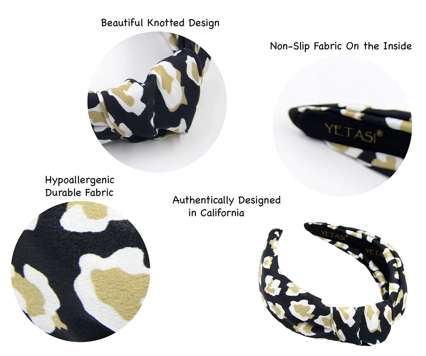 YETASI Satin Leopard Headbands for Women are Classy. Chic Cheetah Fashion Headband Designer Beige, Black Knotted Headband for Wo