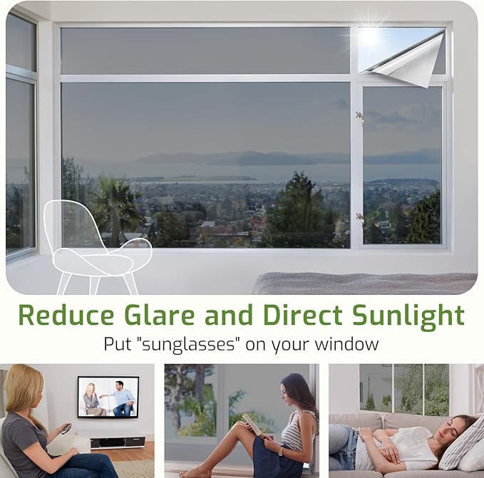 LUTE One Way Window Privacy Film, Window Tint for Home, Sun Blocking UV Heat Blocker, See Out Not in Reflective Mirror Film, Removable Static Cling Glass Door Cover, Black Silver, 23.6" x 78.7"