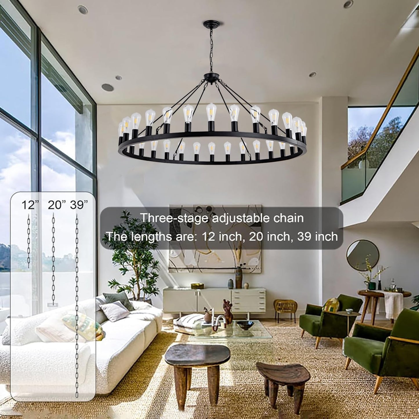 SARUDIIR Wagon Wheel Chandelier Farmhouse 53" 30-Light Large Black Farmhouse Round Wheel Chandelier Light fixtures Outdoor Wagon Wheel Chandeliers for Porch high Ceilings Dining Room Living Room