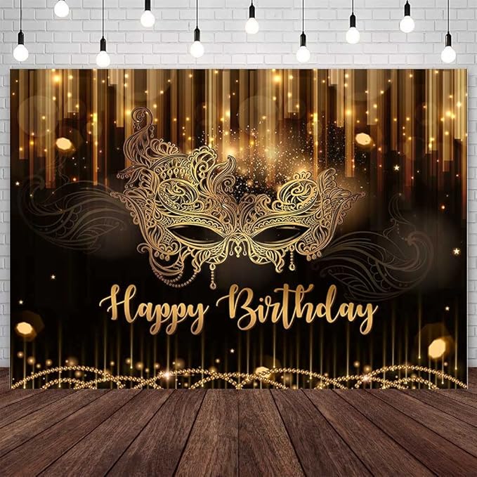 AIBIIN 7x5ft Happy Birthday Backdrop Masquerade Mask Party Decorations Supplies Carnival Birthday Dancing Party Banner Bla...