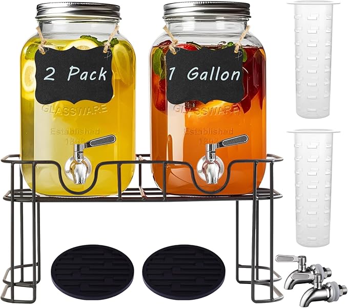 Galssmagic 1 Gallon Glass Drink Dispenser with Stand,2 Pack Glass Beverage Dispenser with Stainless Steel Spigot,Water Lem...
