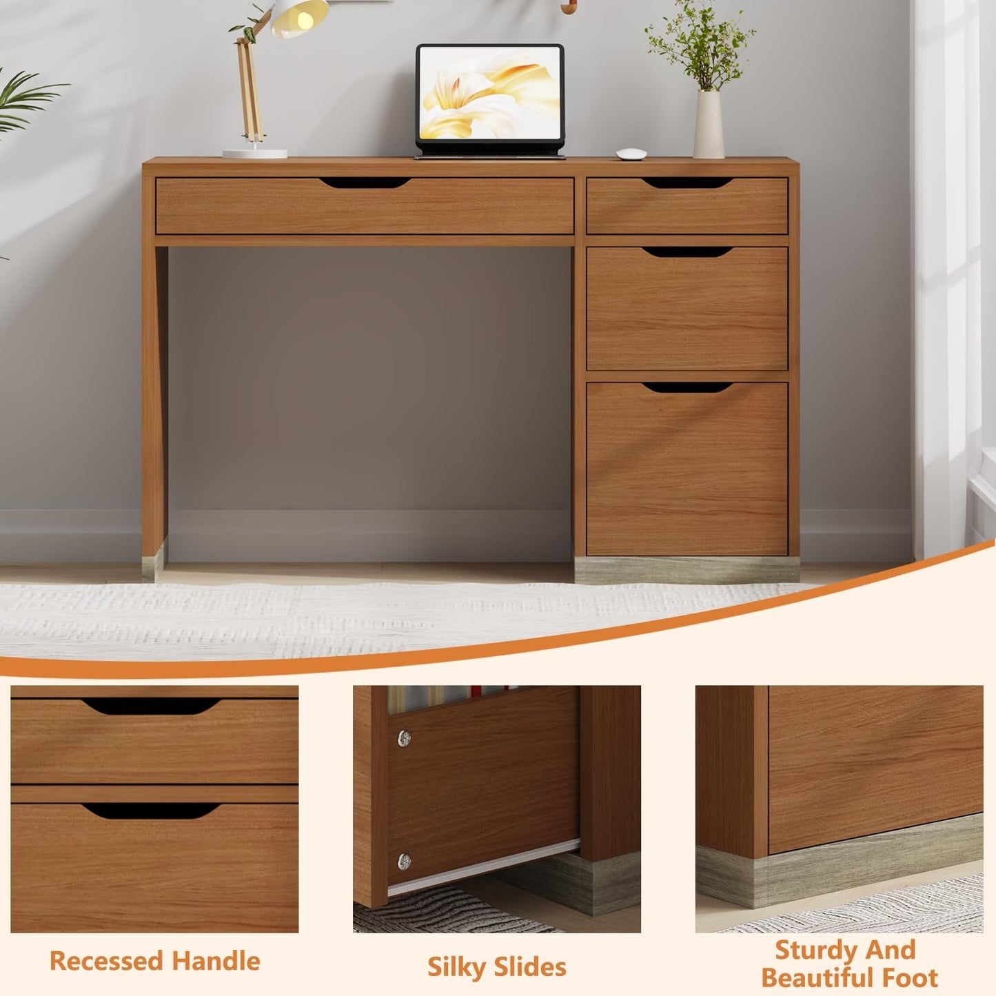 MaverickFurni 48 Inch Small Desk with 4 Drawers, Computer Desk with Storage File Cabinet for Bedroom, Home Office Desk with Storage for Small Space, Brown