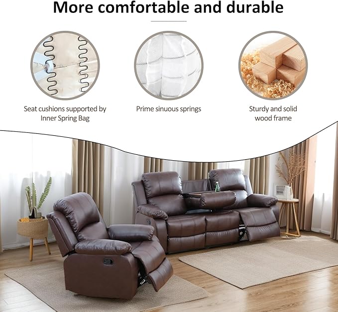 A Ainehome Living Room Furniture Set Leather Recliner Sofa Set Loveseat Chair Furniture Sofa Set for Living Room/Small Space/Rv/House/Office/Theater Seating (A-Brown Leather, Sofa+Chairs)