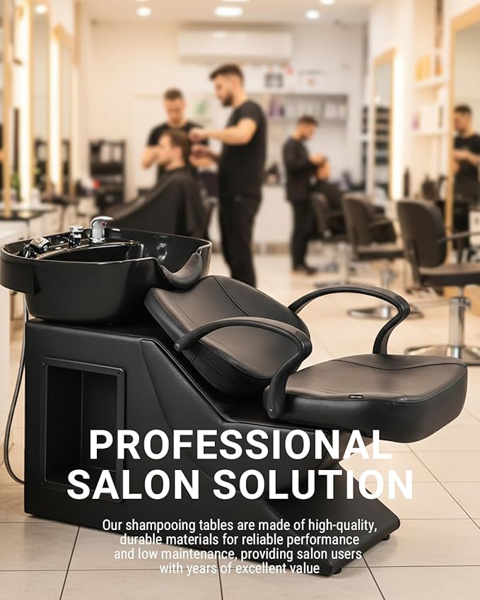Shampoo Bowl and Chair Set for Salon, ABS Plastic Hair Washing Sink Unit for Hair Stylist, Backwash Barber Sink with Side Store Compartment for Spa Beauty, Black