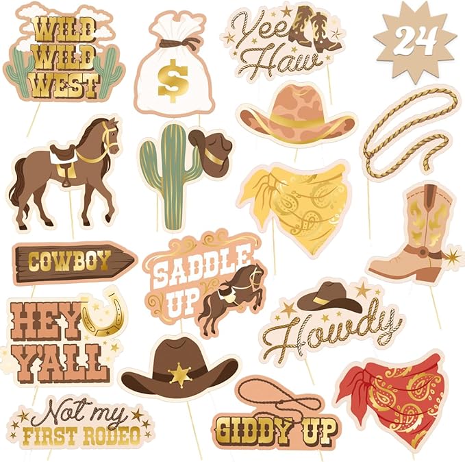 xo, Fetti Western Photo Booth Props - 24 Count | Kids Rodeo Party Backdrop, Birthday Background Decorations, Hoedown Bache...