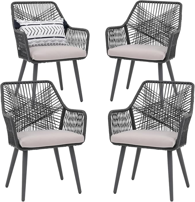 Patiorama Patio Dining Chair Set of 4, Woven Rope Outdoor Dining Chairs w/Steel Frame, All-Weather Twisted Rattan Chairs w/Armrest & Cushion, Outdoor Dining Wicker Chairs for Backyard Garden(Black)